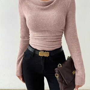 Women’s Draped Cowl Neck Ribbed Shirt - Pink XL